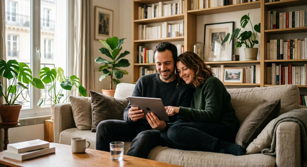 Un couple consulte une tablette dans son salon.